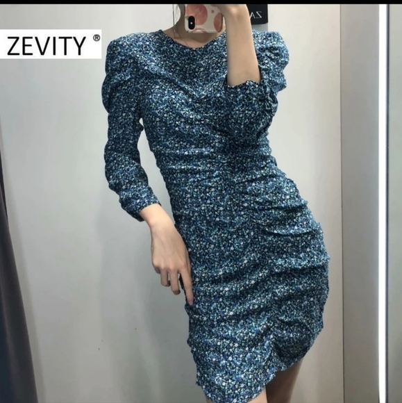 Blue Ditsy Floral Mini Ruched Dress - Picture 1 of 9